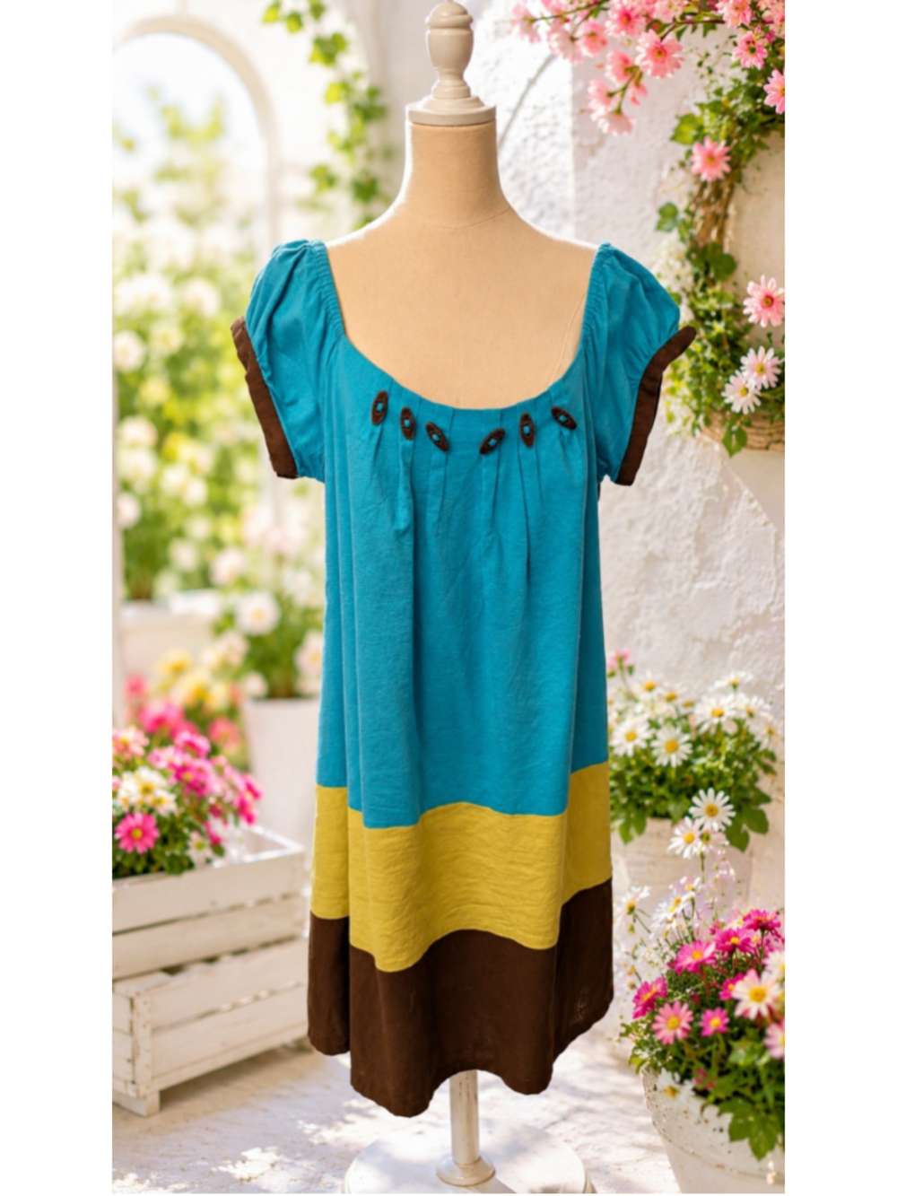 Robbie Bee Linen Blend Colorblock Shift Dress Blue Brown Pleated Size 14